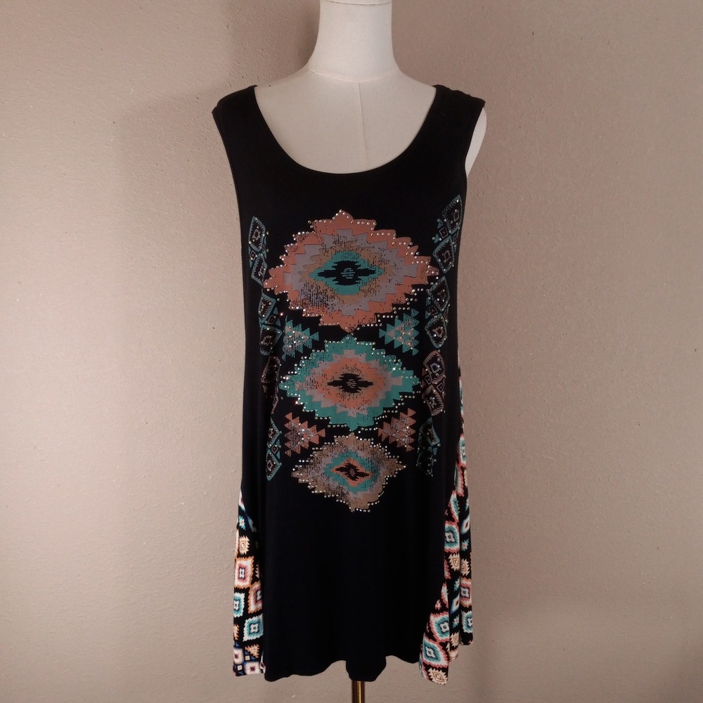 Vocal Womens Southwestern Rhinestone Tunic Dress Black Geometric Boho Large USA